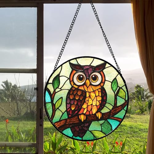 Stained Glass Window Hanging - Owl on a Branch Suncatcher for Doors Window Home Orange Brown Sun Catchers Decor Christmas Mother's Day Birthday Gifts for Teacher Women Men Mom Nana 9.8 in - color: Green and Brown, size: 9.8x9.8 IN