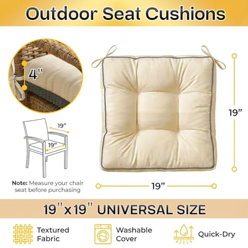 4 Pack 19x19 Inch Shredded Foam Chair Cushions with Straps - All-Season Seat Pads for Indoor/Outdoor Dining, Office, Patio, Kitchen Chairs (Beige, 19 INCH × 19 INCH) - color: Beige