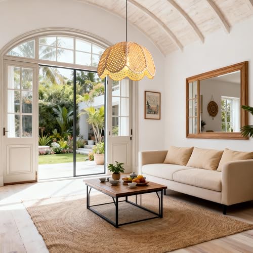 Boho Rattan Pendant Light, 16" Wicker Chandelier for Dining Room, Hand-Woven Flower Shaped Ceiling Light, Natural Farmhouse Hanging Lamp for Kitchen Island, Bedroom, Living Room, Adjustable Cord, E26 - color: D3050