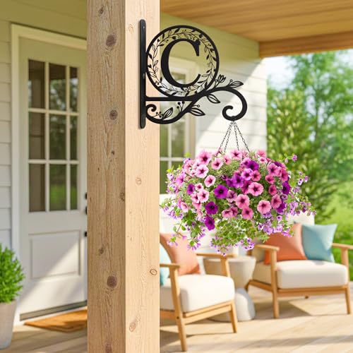 Personalized Metal Initial Letter C Plant Hanger Bracket, Decorative Wall Mount Hanging Plant Hook, Monogram Floral Leaf Garden Decor for Hanging Baskets, Bird Feeders, Lanterns, Wind Chimes - style: C