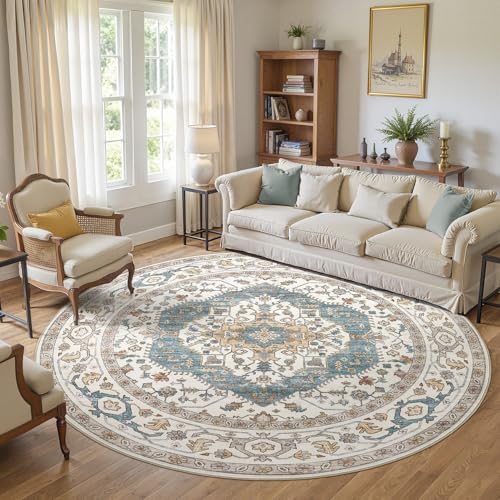 Area Rug for Living Room - 8x8 Soft Washable Oriental Vintage Floral Distressed Large Carpet - Fade Stain Resistant Non Slip Rugs for Bedroom Dining Room Nursery Dorm Office Home Decor - Blue/Beige - color: Blue/Beige, size: 8' x 8' (Round)