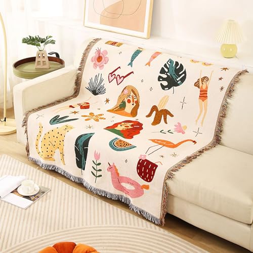 LumiSyne Double-Sided Cotton Woven Throw Blanket with Tassel Jungle Bohemian Style Tapestry Shawl Multi-Function Decorative Throws for Sofa Bed Armchair Camping Blanket Tablecloth Carpet 160x130cm - color: Beach Holiday
