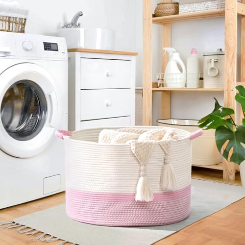 67L Large Blanket Basket, 20"x13" Woven Storage Baskets With Handle, Cotton Rope Blanket Basket Living Room, Baby Laundry hamper for Blanket, Nursery, Toy, Pillow (White & Pink) - color: White & Pink, size: 67L
