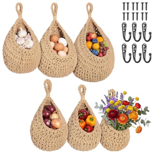6 Pack Hanging Fruit Baskets for Kitchen Boho Wall Hanging Baskets for Organizing Handwoven Wall Fruit Basket Boho HangingWall Basket for Garlic Potato Onion Home Fruits and Vegetable StorageBaskets