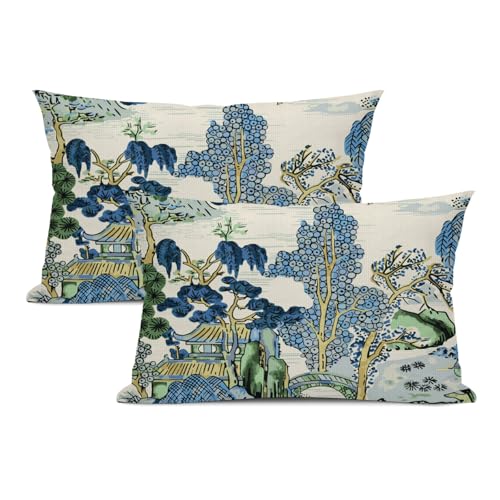 Chinoiserie Lumbar Pillow Covers 12 x 20 Set of 2 Asian Scenic Polyester Throw Pillow Cover Vintage Blue and Green Farmhouse Decorative Pillowcases for Living Room Couch Bed Sofa Outdoor - color: Chinoiserie, size: 20" x 12" (Pack of 2)