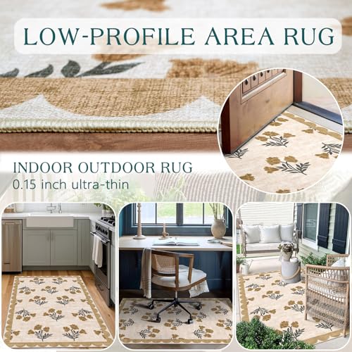 3x5 Floral Entry Rug - Small Washable Indoor Outdoor Mats for Front Door Non-Slip Porch Rug Beige Vintage Farmhouse Throw Rugs for Living Room Bedroom Entryway Kitchen Office Porch Decor - color: Flower - Beige, size: 3' x 5' (Rectangular)
