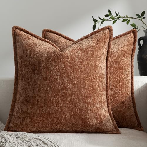 DEZENE Pack of 2 Burnt Orange Fall Decorative Throw Pillow Covers 22x22 Cozy Soft Chenille Accent Vintage Square Couch Pillow Covers for Home Decor Bed Sofa Living Room - color: Burnt Orange, size: 22" x 22" (Pack of 2)