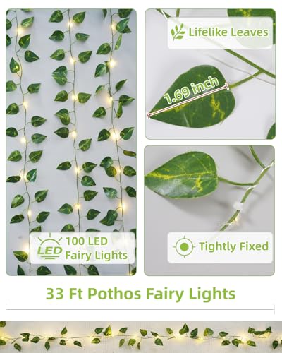 KASZOO 33ft 100 LED Vine with Fairy Lights - Pothos String Lights Battery/USB Operated, Ivy Garland with Remote, Leaf Lights for Bedroom Garden Party Wall Room Decor - color: Pothos-USB/Battery Powered-100 LED-Copper Wire