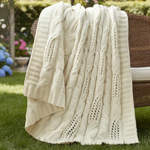 Amélie Home Chunky Knit Throw Blanket, Dual-Sided Soft Chenille Breathable Cable Knitted Blanket for Couch, Farmhouse Decorative Throw for Sofa & Chair, 50"x60", Ivory - color: Ivory, size: Cable Knit 50"x60"