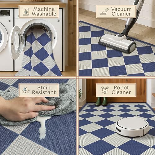 Checkered Easy Jute 3x5 Navy Blue Indoor Outdoor Rugs for Entryway, Washable Non Slip Diamond Boho Coastal Rug for Porch, Modern Minimalist Front Door Mat, Kitchen, Bathroom and Balcony Carpet - color: Blue, size: 3' x 5' (Rectangular)