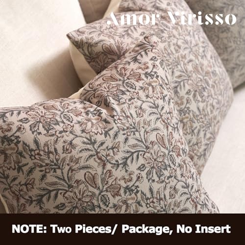Amor Virisso Floral Throw Pillow Covers 18x18 Set of 2 Couch Pillows for Living Room Farmhouse Vintage Block Print Pillow Covers Decorative Pillow Covers Accent Sofa Pillows, Green/Sand - color: Green/Sand, size: 18" x 18" (Pack of 2)