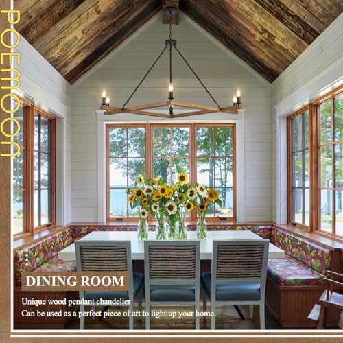 L45'' Rustic Oak Square Wood Chandeliers Farmhouse 6-Light Rectangular Candle Chandelier Unique Long Ceiling Pendant Light for High Ceiling Living Dining Room Foyer Kitchen Island,E12 - color: Golden Oak, size: 45 inches