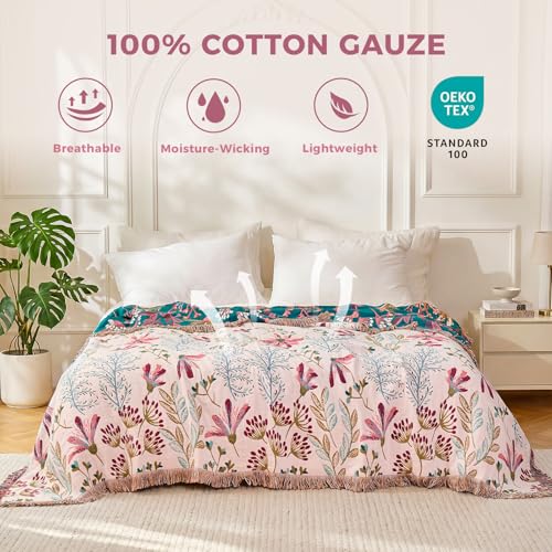 LUTBM Boho Throw Blanket for Couch Sofa Chair Cotton Summer Blankets for Bedroom Living Room All Season Lightweight Reversible Floral Embroidery Throws 50"x60" - color: Floral Green, size: 50"×60"