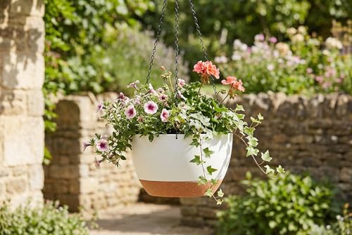 Hanging Planters 3-Pack, 8 Inch Self-Watering Hanging Pots with Drainage Hole and Chains, Plastic Planters for Indoor Outdoor（White Brown） - color: White Brown, size: 8 inches