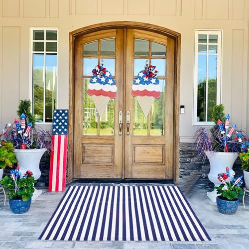 CAINANEL Blue and White Striped Rug 4th of July Door Mat 27.5"x43" Summer Front Porch Rug Independence Day Welcome Doormats for Farmhouse Entrance Porch Outdoors Decor(Blue and White, 27.5"x43") - color: Blue and White, size: 2'4" x 3'7" (Rectangular)