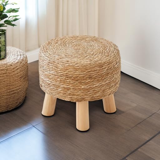 Round Ottoman Natural Seagrass Footstool, Round Footstool with 4 Wood Legs, Hand Woven Round Footstool Sofa Stool, Multifunctional Modern Dressing Stool, Sofa Side Table for Bedroom (Nature)