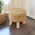 Round Ottoman Natural Seagrass Footstool, Round Footstool with 4 Wood Legs, Hand Woven Round Footstool Sofa Stool, Multifunctional Modern Dressing Stool, Sofa Side Table for Bedroom (Nature)