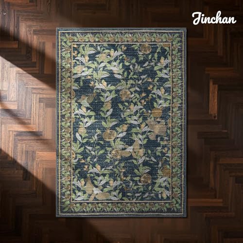 jinchan Eden Floral Area Rug 2x3 Entryway Vintage Washable Indoor Doormat Accent Rug Lightweight Soft Small Non-Slip Low Pile Distressed Blue Green Carpet for Entrance Kitchen Bedroom Bathroom - color: Eden Dark Blue, size: 2' x 3' (Rectangular)