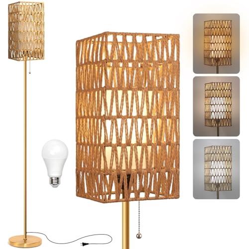 Ruiever Floor Lamp for Living Room,Farmhouse Floor lamp,Modern Standing lamp with Hand-Worked Rattan Shade (Square Rattan Shade Body Gold Color-3 Color Bulb) - style: Square Rattan Shade Body Gold Color-3 Color Bulb