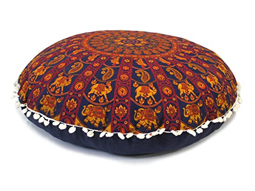 Round Mandala Floor Pillow Cover Seating Cushion Throw Cover Hippie Decorative Bohemian Ottoman Pouf Cover, Pom Pom Pillow Cases,Boho Indian 22 Inches (Orange) - color: Orange