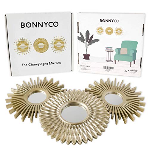 BONNYCO Gold Mirrors for Wall Pack of 3, Round Wall Mirrors Bedroom Room and Home Decor. Espejos Decorativos de Pared Sala Dormitorio, Modern Minimalist Decor Vintage, Chic. Gifts for Women Mums - color: Champagne