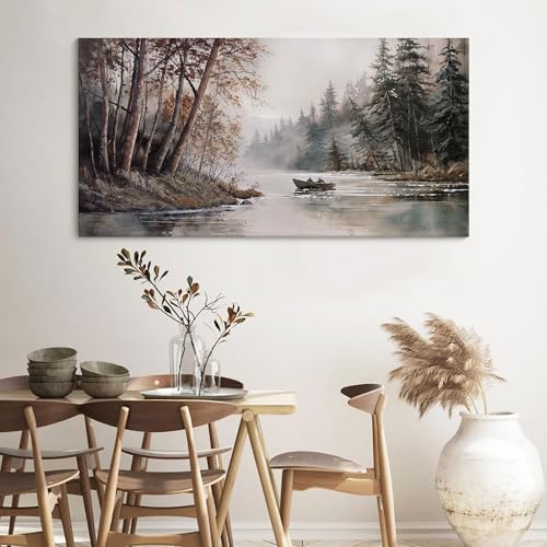 HGUAOA Mountain Canvas Wall Art Rustic Lake Landscape - Nature & Forest Scenery Paintings Pictures for Living Room & Bedroom Wall Decor Vintage Artwork for Walls - color: Rustic, size: 48"L x 24"W