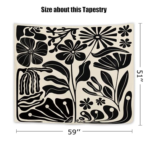 Yookeb Black Matisse Flower Tapestry 59W by 51H Inch Wall Hanging Abstract Vintage Leaves Aesthetic Retro Art 70s Modern Bedroom Living Room Dorm Polyester Fabric Home Decor - color: Black Matisse, size: 59"L x 51"W