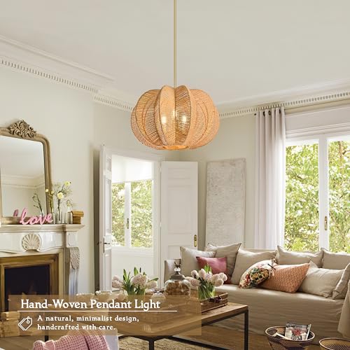 17.7 Inch Rattan Pendant Light Hemp Rope Rattan Light Fixture Woven Pendant Wicker Chandelier 3-Light Boho Chandelier for Bedroom - color: 17.7" Natural