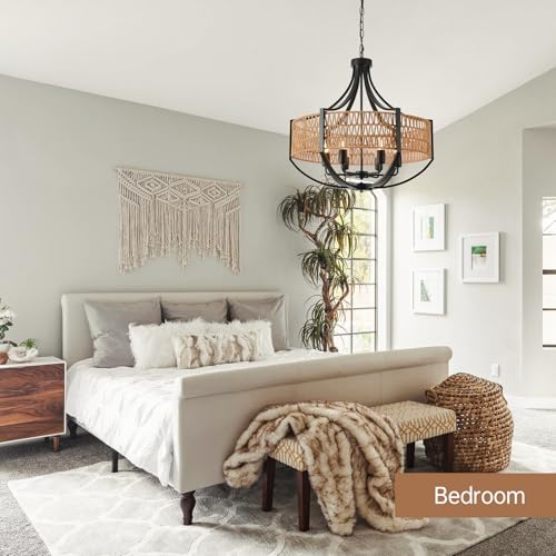 25.6" Large Rattan Farmhouse Chandelier, 6-Light Boho Black Modern Chandelier Light Fixture, Rustic Wicker Chandelier with Woven Shade for Dining Room, Living Room, Bedroom - color: V-Weave Round Rattan, size: Large 6 light 25.6 inches