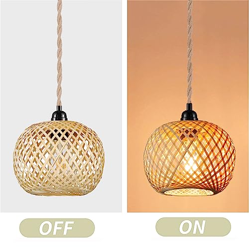 Boho Plug in Pendant Light Wicker Rattan Hanging Lights with 15ft Hemp Rope Cord MINI Bamboo Lampshade Wall Lighting Fixture Swag Lamp for Kitchen Island Farmhouse Living Dining Room Bedroom