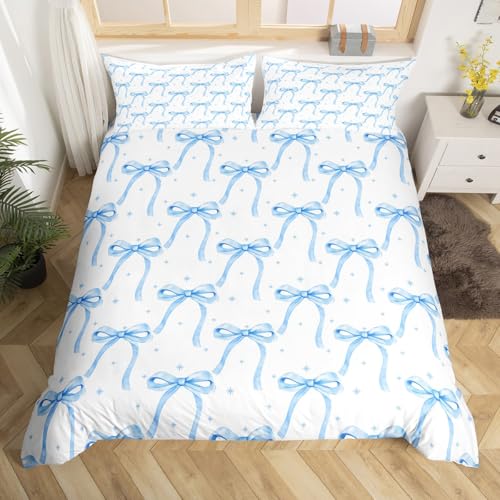Cartoon Bowknot Girls Duvet Cover Set Full Size Kids Bow Tie Princess Bedding Sets 3Pcs for Child Girly Woman Room Decor, Butterfly Knot Comforter Cover with 2 Pillowcases (No Comforter) Blue - color: Blue, size: Full 80"x90"