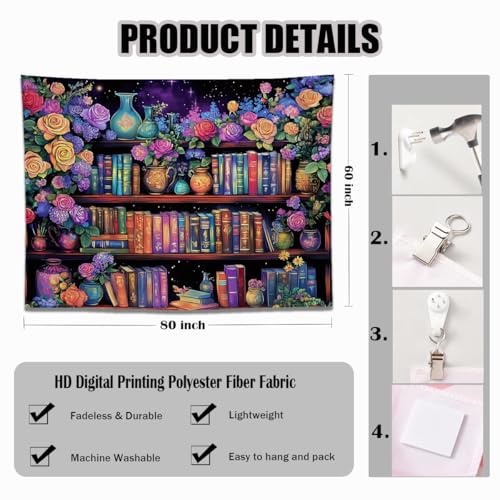 keowhsf Pink Purple Flower Bookshelf Wall Tapestry Colorful Tapestries for Bedroom Aesthetic Floral Tapestry Wall Hanging Cute Girl Bedroom Decor - color: Bookshelf, size: 80"L x 60"W