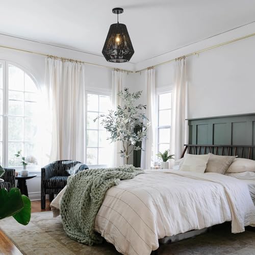 13” Boho Hand Woven Rattan Mini Chandelier Matte Black Classic Pendant Light for Kitchen Island Dining Room Hallway, UL Listed - color: Black