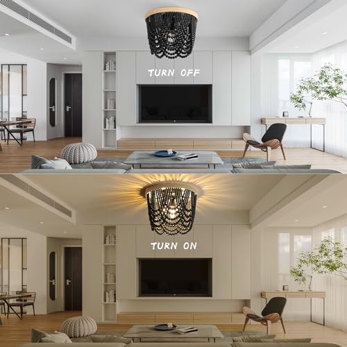 Bohemian Lighting Bohemian Chandelier Handmade Beaded Chandelier Vintage Hemp Rope Woven Ceiling Lighting 3 Lights Wood Bead Chandelier Nursery Lighting Bedroom Ceiling Light (Black) - color: Black