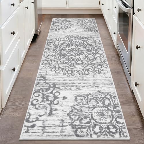 HEBE Hallway Runner Rug 2'x6' Washable Vintage Kitchen Rugs Non Slip Laundry Rug Runner Distressed Boho Floor Carpet Runners for Hallways Entryway Laundry Room Kitchen Bathroom - color: Grey, size: 2' x 6' (Rectangular)