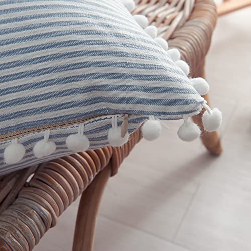HOPLEE Decorative Blue Pillow Covers 18x18 Farmhouse Stripe Pillows Covers Blue and White Pillow Covers with Pom Pom for Home Decor 18x18 Inches Set of 2 - color: Blue Stripe Pom, size: 18" x 18" (Pack of 2)
