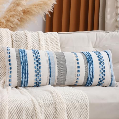 Boho Lumbar Throw Pillow Cover 14x36 Long Body Lumbar Decorative Pillow Case Accent Chenille Striped Pillowcase Farmhouse Cushion Case for Home Decor Sky Blue (1 Piece) - color: Sky Blue Stripe, size: 36" x 14" (Pack of 1)