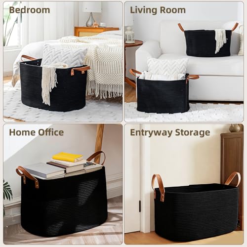 BOLDMONKEY 72L Laundry Basket with Leather Handles,Woven Cotton Rope Blanket Basket,Toy Bin for Baby Room,Laundry Hampers for Bedroom, Living Room,Bathroom,22"x17"x11.8" Black - color: Black, size: 72L