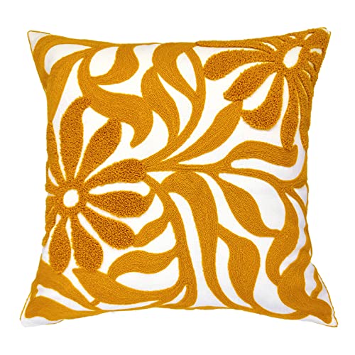 Alysheer Farmhouse Floral Leaves Embroidered Decorative Throw Pillow Cover 18x18 inches, Boho Tufted Flowers Embroidery Pattern Chic Cotton Cushion Case for Couch Bed Sofa Living Room(Mustard Yellow) - color: Mustard Yellow Floral, size: 18" x 18" (Pack o