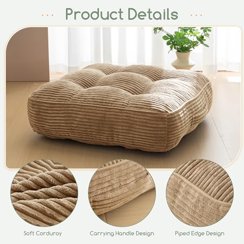 HIGOGOGO 6" Extra Thick Floor Pillow Cushion for Adults, Meditation Cushion Pillow, Large Square Floor Sitting, Tufted Corduroy Cover, for Tatami Living Room or Yoga, 22x22 Inch, Coffee - color: Square Coffee, size: 6" Thick(Pack of 1)
