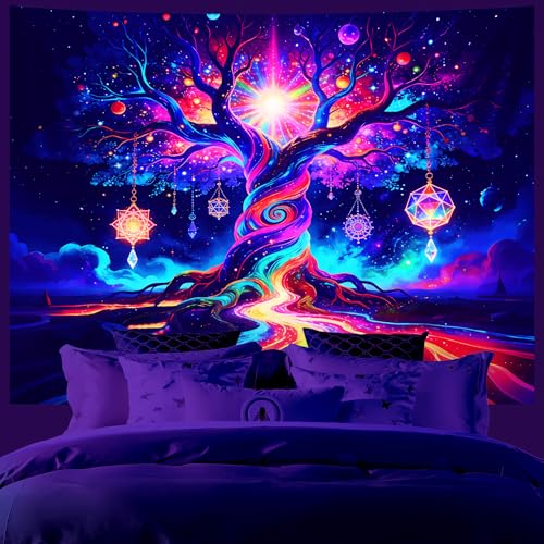 AOHMPT Blacklight Tree of Life Tapestry Trippy Fluorescent Wall Hanging Psychedelic Rainbow Galaxy Glow in the Dark Crystal Starry Night Tapestries for Bedroom Decor, 79x59 In - color: Tree(4), size: 79"L x 59"W