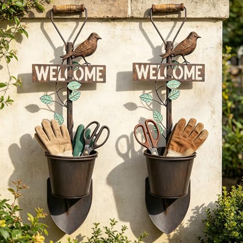 2Pcs Metal Wall Planter,Vintage Wall Hanging Planter with Welcome Sign, Rustic Farmhouse Wall Decor with Bird, Garden Wall Plant Holder for Porch Patio Entryway