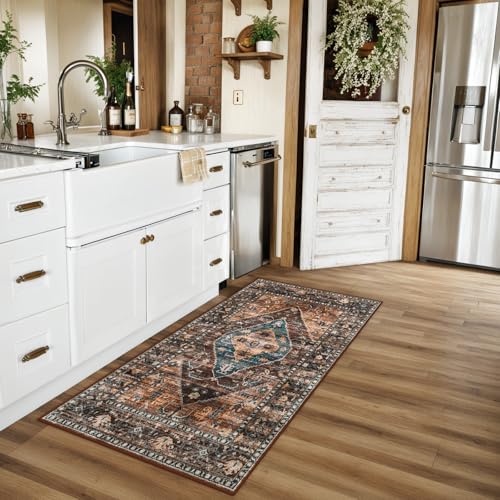 Lahome 2x4 Washable Entryway Runner Rug - Non-Slip Ultra-Thin Stain Resistant Kitchen Rugs, Oriental Print Carpet Runner for Hallway Bedroom Laundry Room Adelyn - color: Dull Teal, size: 2' x 4' (Rectangular)