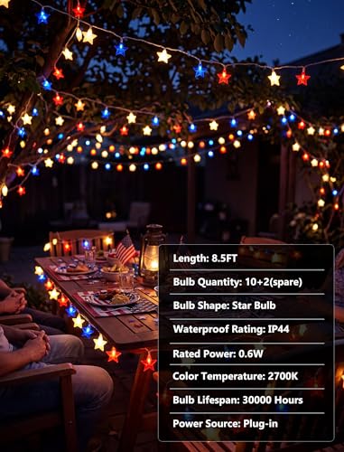 8.5Ft Red White and Blue Star Lights, 4th of July String Lights Plug in with 10 Five Star LED Bulbs, Fourth of July Decorations for Independence Day Patriotic Party, White Wire - color: 10 Red White Blue Five-Star