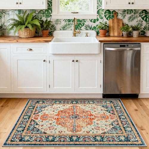 U'Artlines 2x3 Washable Boho Area Rug, Small Non Slip Vintage Doormat for Indoor Front Door Ultra Thin Mat Carpet for Entryway Kitchen Bathroom Bedroom Orange/Multi - color: Orange/Multi, size: 2' x 3' (Runner)