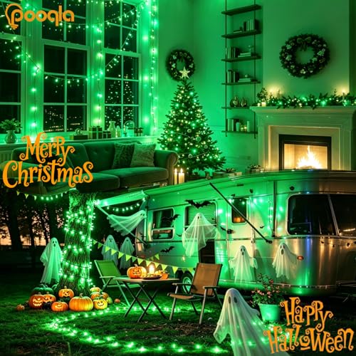 Pooqla 2 Pack String Lights Battery Operated, Total 66.6ft 200 LED Fairy Lights Indoor Outdoor Decorations, 8 Modes Green Battery Lights for Halloween Christmas Bedroom Porch Party Yard Decor - color: Green, size: 100 LED x2