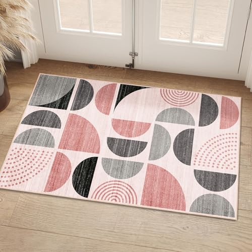 MUJOO Small Rug Washable,Boho 2x3 Area Rugs for Entryway Bathroom Entry Entrance Bedroom Kitchen,Front Door Mat Throw Carpet Non Slip Indoor Soft Modern Abstract Pink and Grey - color: Pink and Grey, size: 2' x 3' (Rectangular)