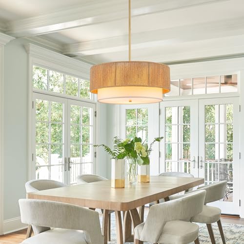 SineRise 18'' Farmhouse Rattan Chandeliers for Dining Room,3-Light Boho Light Fixtures Rattan Pendant Light Fixture with Fabric Shade Drum Chandeliers for Bedroom Dining Room Foyer Kitchen Hallway - color: Gold, size: 18 inch Drum