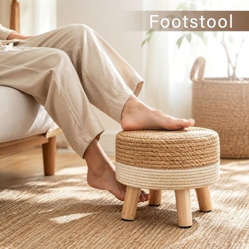 Wimarsbon Round Foot Stool Natural Seagrass Poufs Ottoman Hand Weave Footrest Stool for Couch Desk Extra Seat Step Stool with Solid Wood Legs for Hallway Patio Lounge White - color: White, size: 13"D x 13"W x 10.6"H