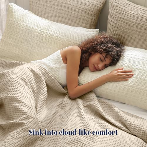 PHF 100% Cotton Waffle Pillow Shams Standard Size, 2 Pack 20" x 26" Soft Skin-Friendly Pillowcases, No Filling, Aesthetic Woven and Breathable Waffle Weave Pillow Case Covers for Bed, Ivory - color: Ivory, size: 26" x 20" (Pack of 2)